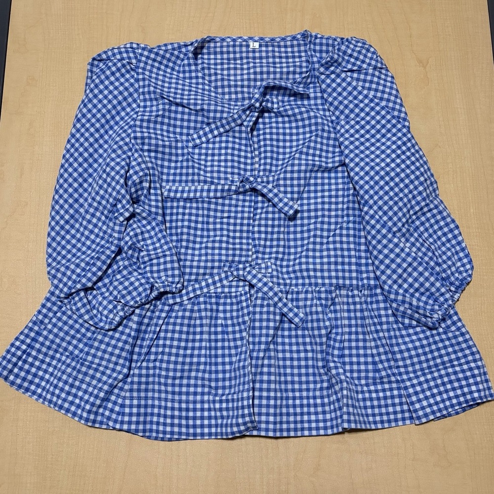 NWT Front Tie Blouse Blue & White Checkered Y2K Puff Sleeves Size Large